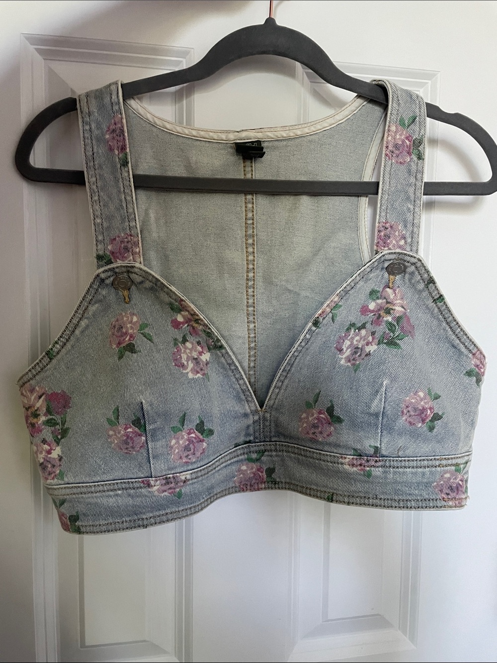 Wild Fable Light Wash Denim Crop Top with Pink Floral Print